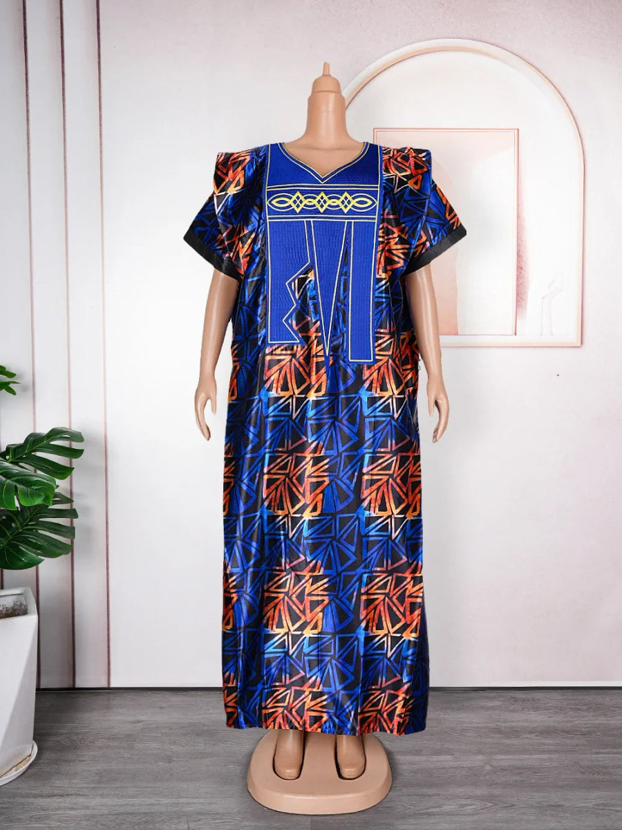 Women African Dresses Embroidery Short Sleeve V Neck Party Dress Print Vestidos Loose Fit Floor Length Spliced Slight Strech - Free Delivery Worldwide only at Flexi Africa