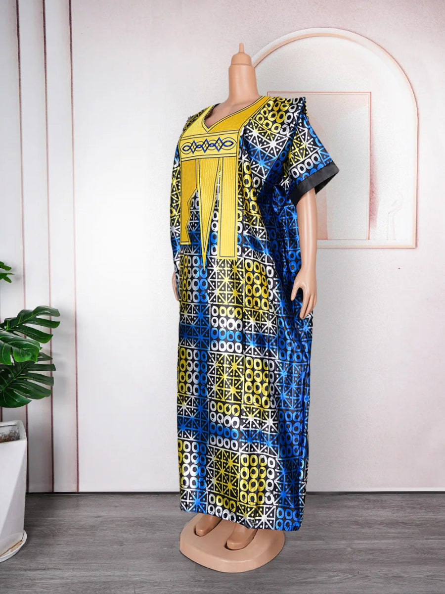 Women African Dresses Embroidery Short Sleeve V Neck Party Dress Print Vestidos Loose Fit Floor Length Spliced Slight Strech - Free Delivery Worldwide only at Flexi Africa