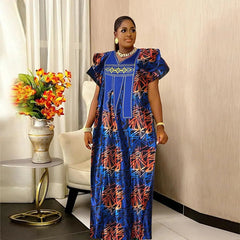 Women African Dresses Embroidery Short Sleeve V Neck Party Dress Print Vestidos Loose Fit Floor Length Spliced Slight Strech - Free Delivery Worldwide only at Flexi Africa