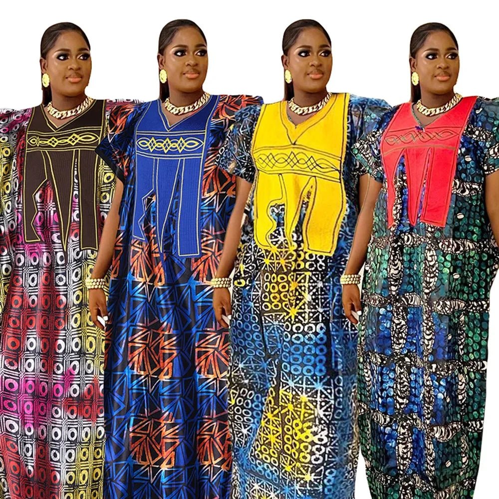 Women African Dresses Embroidery Short Sleeve V Neck Party Dress Print Vestidos Loose Fit Floor Length Spliced Slight Strech - Free Delivery Worldwide only at Flexi Africa