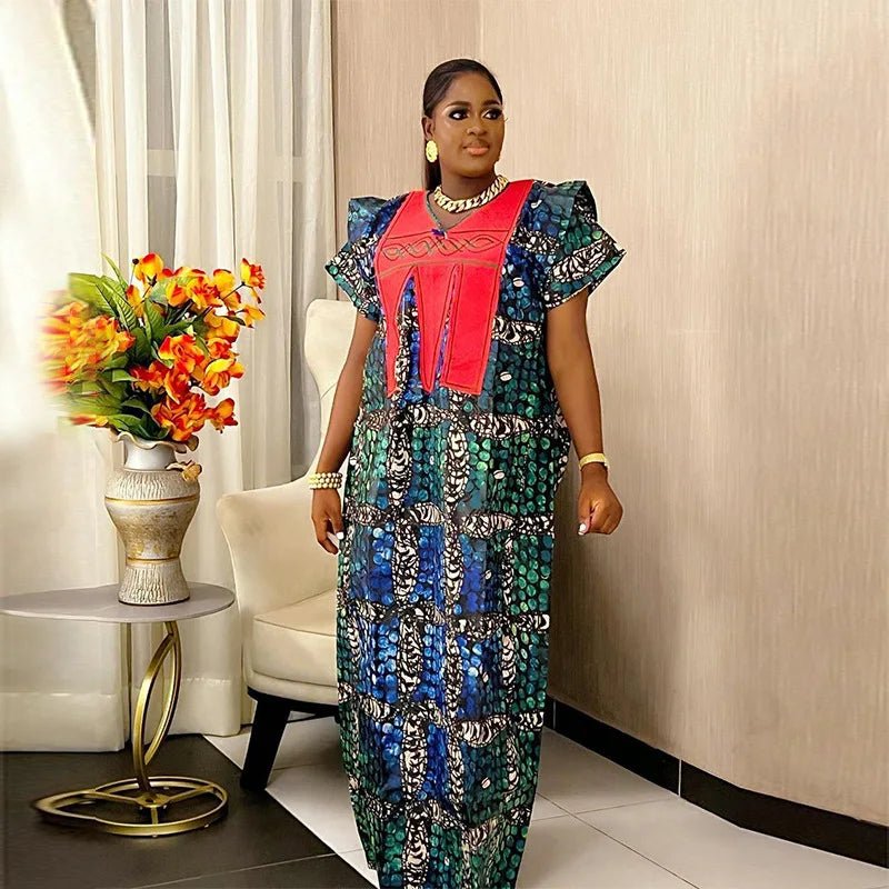 Women African Dresses Embroidery Short Sleeve V Neck Party Dress Print Vestidos Loose Fit Floor Length Spliced Slight Strech - Free Delivery Worldwide only at Flexi Africa