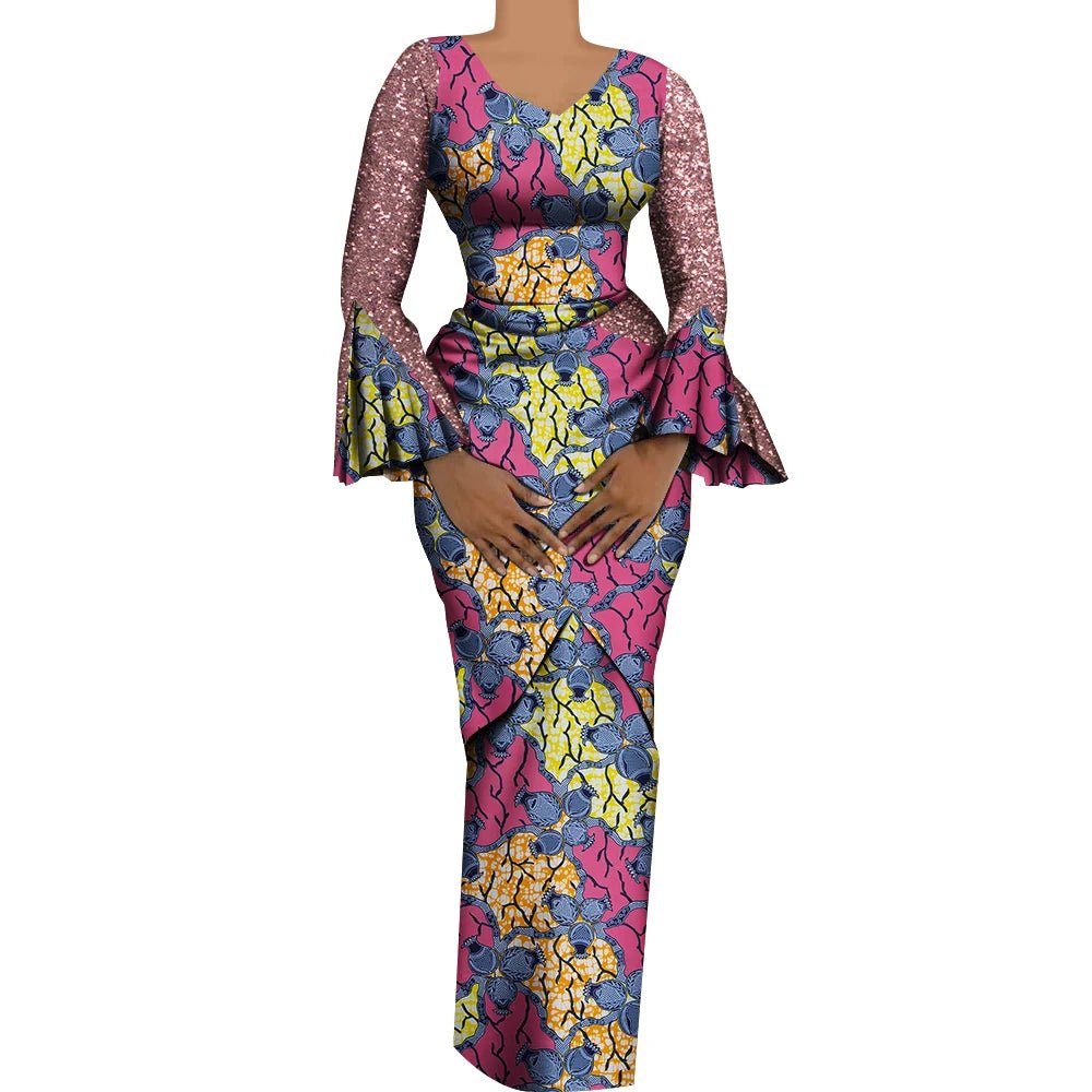 Women African Outfits 2 Pieces Set Shiny Flare Sleeves V Neck Tops and Long Pencil Skirts African Clothes for Women WY9972 - Free Delivery Worldwide only at Flexi Africa