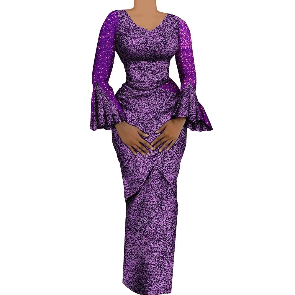 Women's African Outfits 2 Pieces Set Shiny Flare Sleeves V Neck Tops and Long Pencil Skirts African Clothes for Women