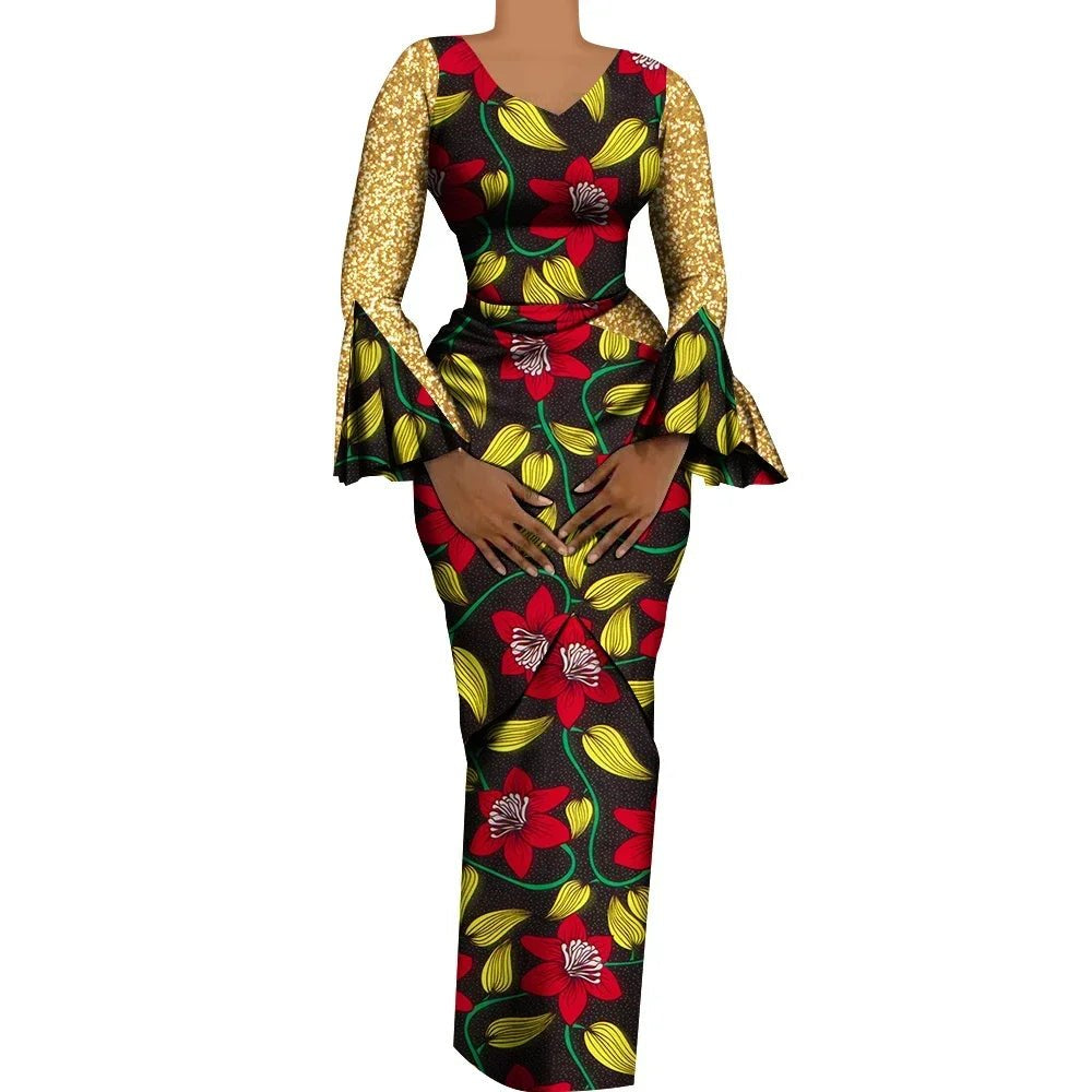 Women African Outfits 2 Pieces Set Shiny Flare Sleeves V Neck Tops and Long Pencil Skirts African Clothes for Women - Free Delivery Worldwide only at Flexi Africa