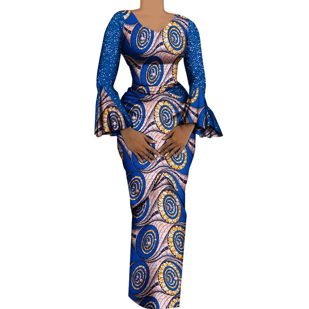 Women's African Outfits 2 Pieces Set Shiny Flare Sleeves V Neck Tops and Long Pencil Skirts African Clothes for Women