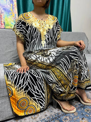 Women Print Appliques Cotton Traditional Kanga Clothing Loose Femme Robe African Nigeria Dresses With Turban - Flexi Africa