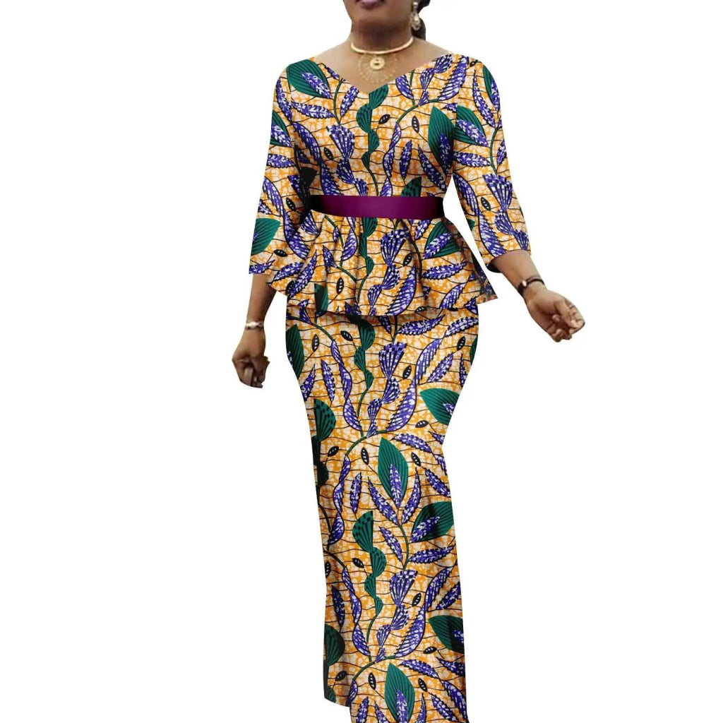 Women’s African Ankara 2PC Set Crop Top Maxi Skirt Belted Traditional Outfit - Free Delivery Worldwide only at Flexi Africa