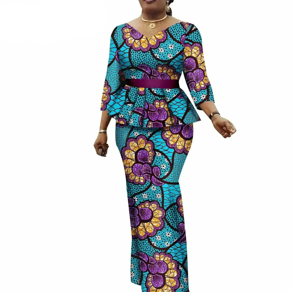 Women’s African Ankara 2PC Set Crop Top Maxi Skirt Belted Traditional Outfit - Free Delivery Worldwide only at Flexi Africa