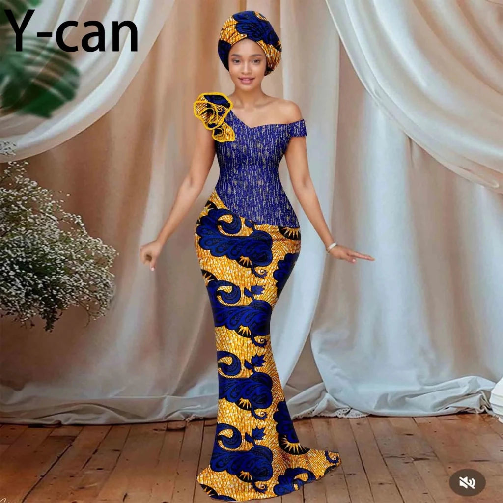 Women’s African Ankara Floral Gown – One - Shoulder Sexy Party Dress with Matching Headscarf - Free Delivery Worldwide only at Flexi Africa