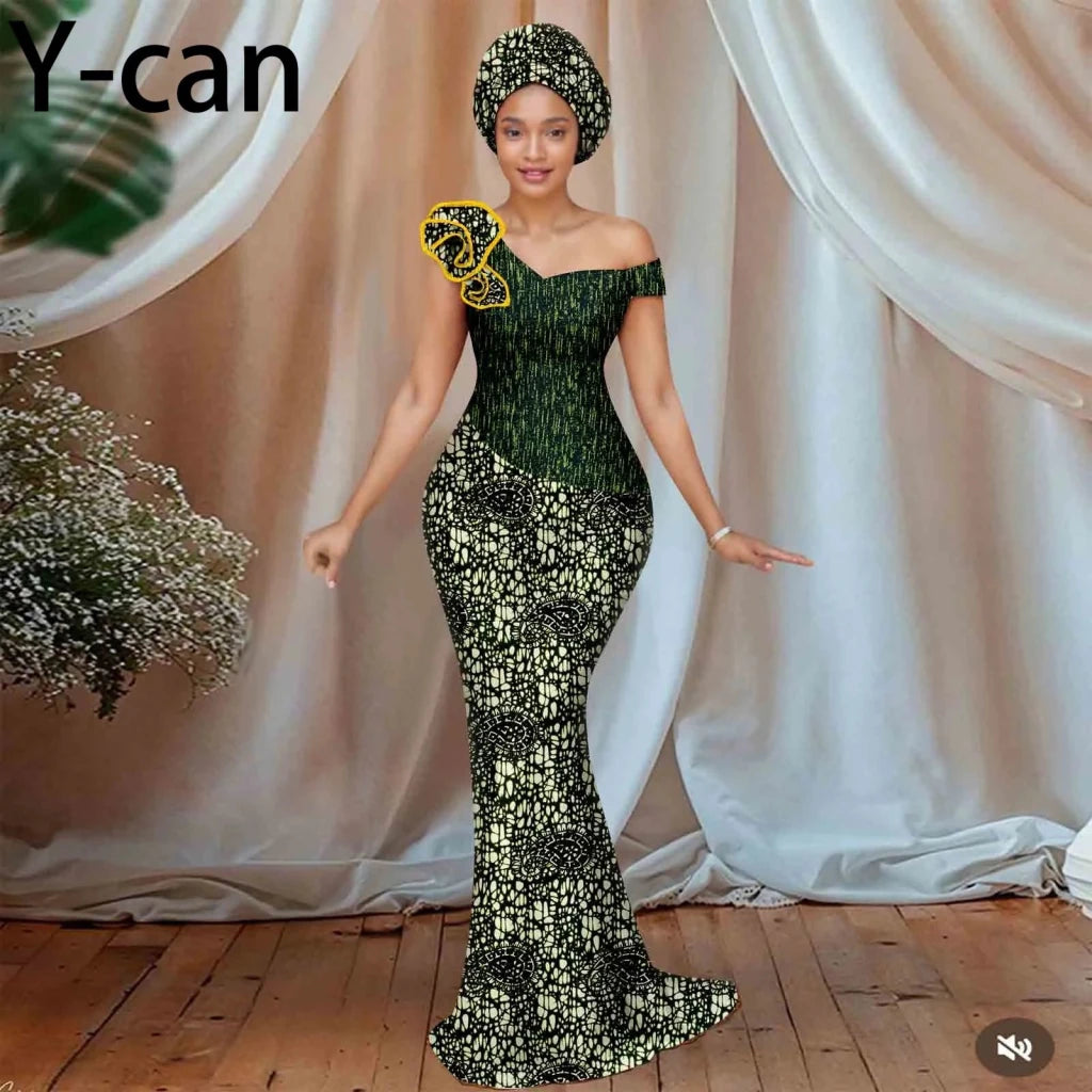 Women’s African Ankara Floral Gown – One - Shoulder Sexy Party Dress with Matching Headscarf - Free Delivery Worldwide only at Flexi Africa