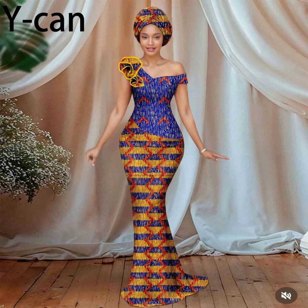 Women’s African Ankara Floral Gown – One - Shoulder Sexy Party Dress with Matching Headscarf - Free Delivery Worldwide only at Flexi Africa