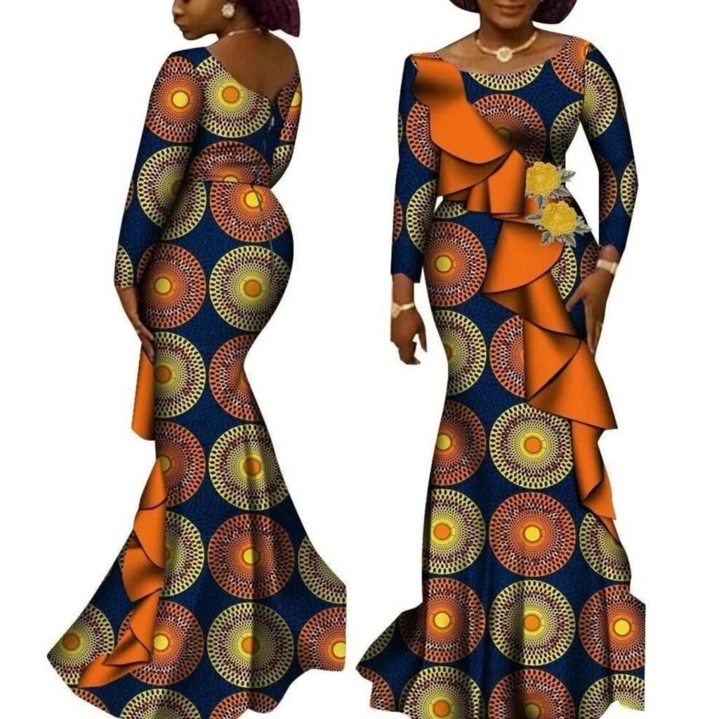 Women’s African Ankara Long Sleeve Dress – Cotton Dashiki Wedding Gown - Free Delivery Worldwide only at Flexi Africa