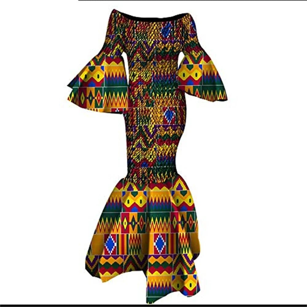 Women’s African Print Ankara Long Dress – Stretch Fit with Ruffle Sleeves - Free Delivery Worldwide only at Flexi Africa