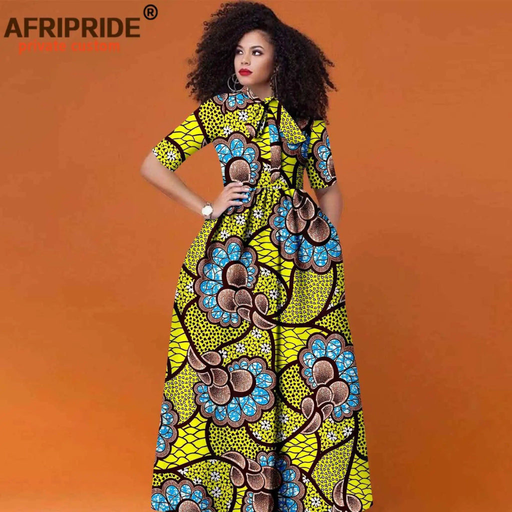 Women’s African Print Maxi Dress – Traditional High Waist Ankara Half Sleeve Attire - Free Delivery Worldwide only at Flexi Africa