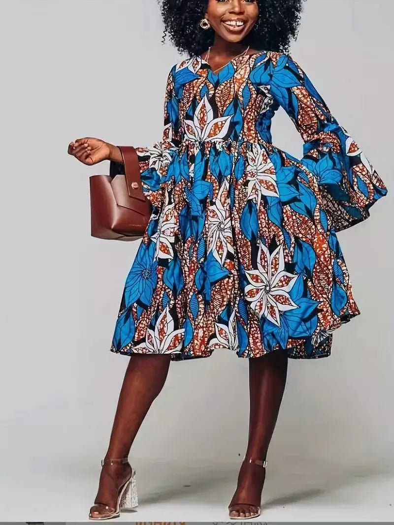 Women’s Ankara Print Maxi Dress – Traditional African V - Neck Dress with Ruffle Sleeves - Free Delivery Worldwide only at Flexi Africa