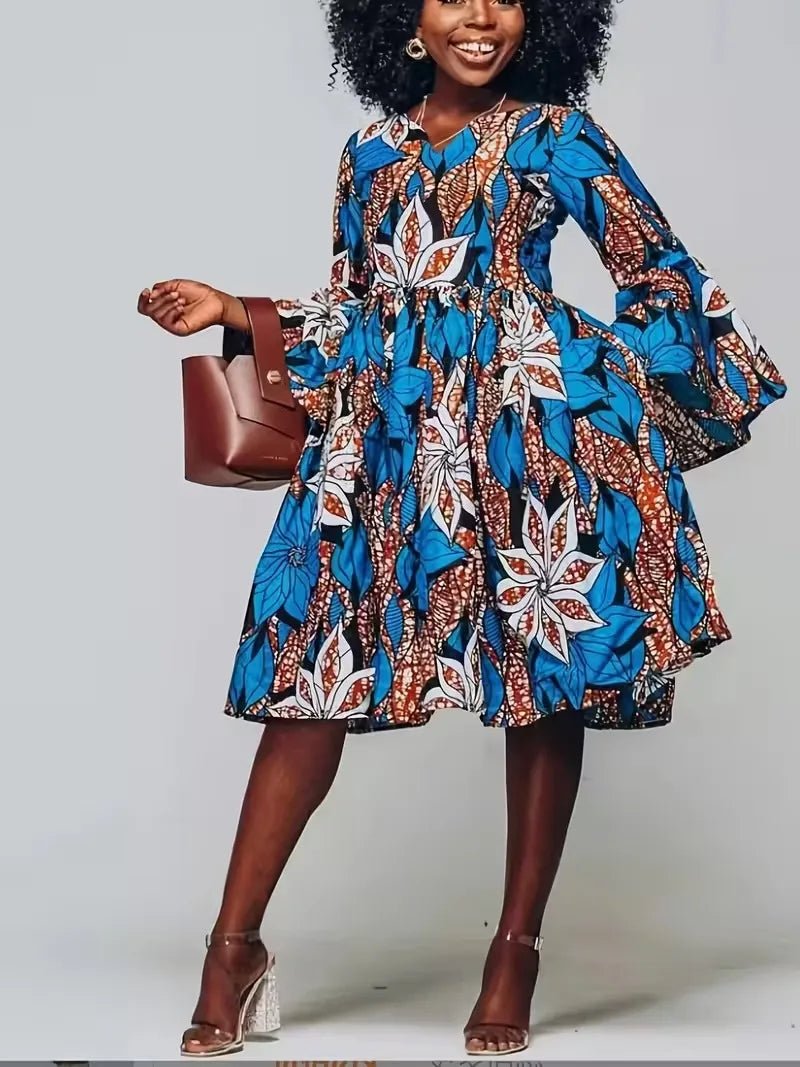 Women’s Ankara Print Maxi Dress – Traditional African V - Neck Dress with Ruffle Sleeves - Free Delivery Worldwide only at Flexi Africa