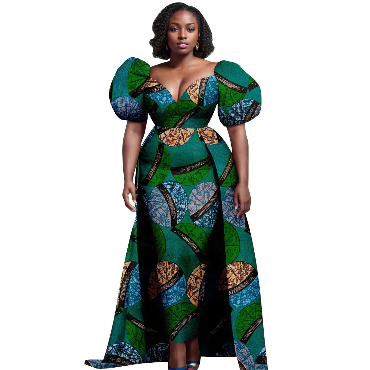 Women’s Ankara V - Neck Dress – Bubble Sleeve African Print with Layered Back Hem - Free Delivery Worldwide only at Flexi Africa
