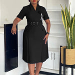 Women’s Elegant V - Neck African Dress – Short Sleeve, Belted Pleated Waist & 3D Floral Accents - Free Delivery Worldwide only at Flexi Africa