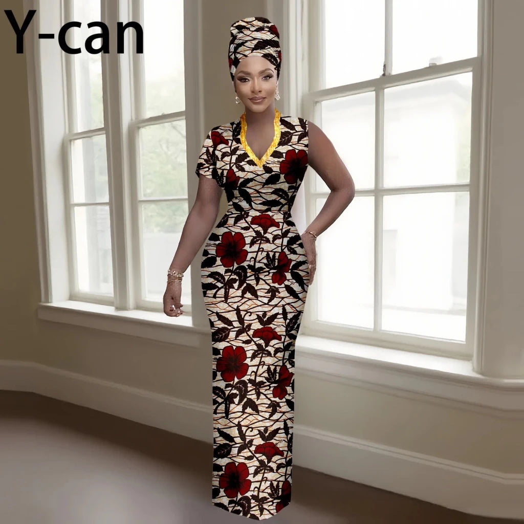 Women’s Luxury Dashiki Ankara Maxi Dress with Headwrap - Free Delivery Worldwide only at Flexi Africa