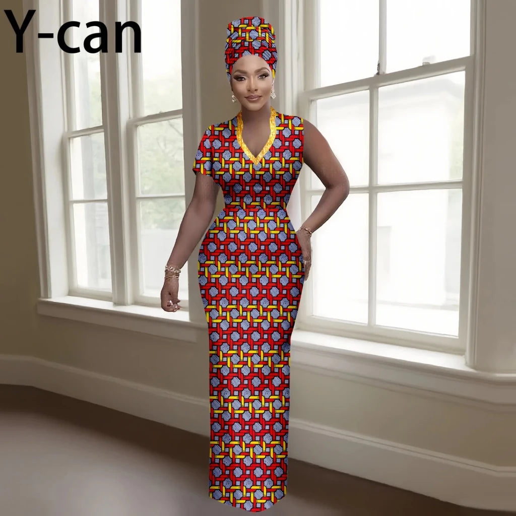 Women’s Luxury Dashiki Ankara Maxi Dress with Headwrap - Free Delivery Worldwide only at Flexi Africa