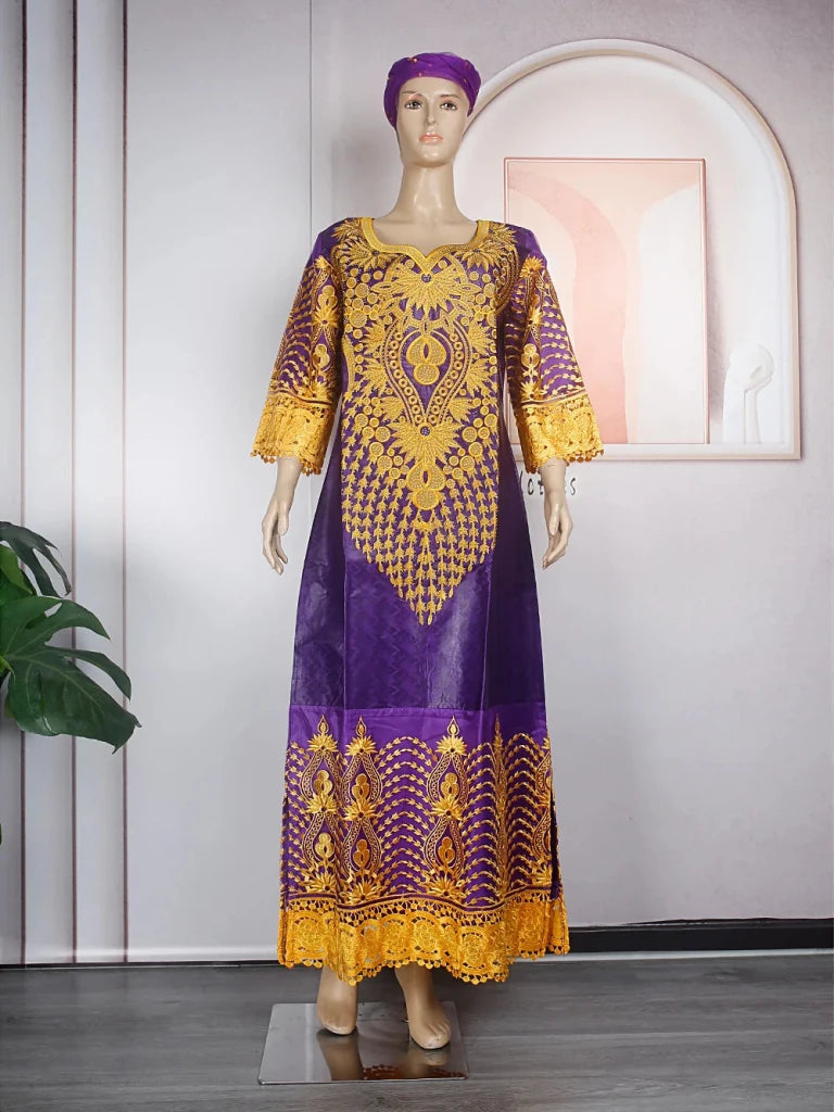 Women’s Purple Bazin Embroidered Traditional African Wedding Dress – Luxury Occasion Wear - Free Delivery Worldwide only at Flexi Africa