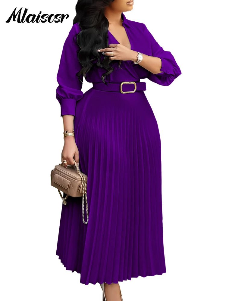 Women’s Slim Fit Purple Pleated Dress – V - Neck, Belted A - Line Evening & Party Robe - Free Delivery Worldwide only at Flexi Africa