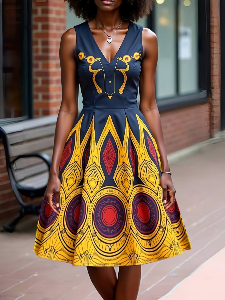 Women's Vibrant Geometric Print Sleeveless V-Neck Dress for only $24.65! Perfect for a casual street style look.